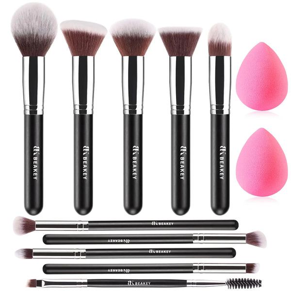 BEAKEY Makeup Brush Set Professional for Eye and Face, Blending Brush for Foundation, Eyeshadow, Concealer, Make up Brushes Pack with 2 Blender Sponge, Eye Shadow Brush with Paper Case, Gift for Women 10+2pcs Black and Silver